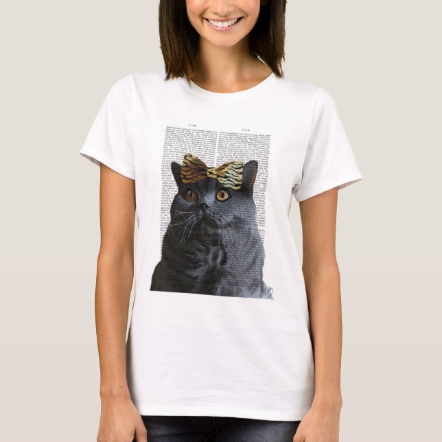 Grey Cat with Leopard Bow T-Shirt (Front)