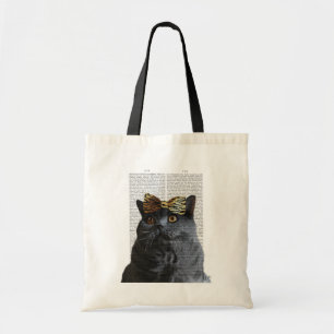 Grey Cat with Leopard Bow Tote Bag