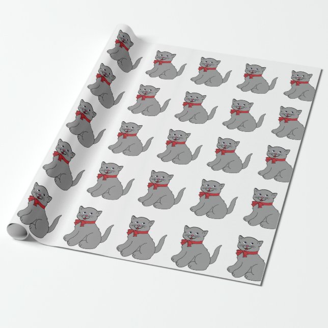 Grey Cat with Red Bow Wrapping Paper (Unrolled)