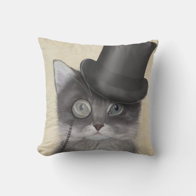 Grey Cat with Top Hat Cushion (Front)