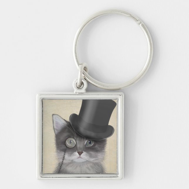 Grey Cat with Top Hat Key Ring (Front)