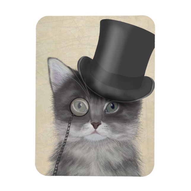 Grey Cat with Top Hat Magnet (Vertical)