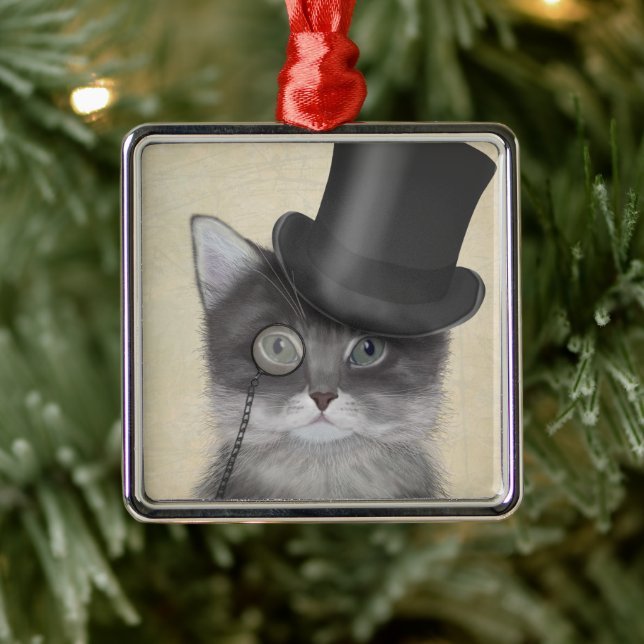 Grey Cat with Top Hat Metal Tree Decoration (Tree)