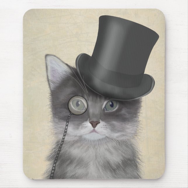 Grey Cat with Top Hat Mouse Mat (Front)