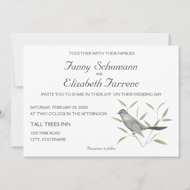 Grey Catbird Bird Art Wedding Invitation (Front)