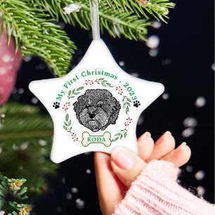 Grey Cavoodle Dog Personalised Hand Drawing Ceramic Tree Decoration