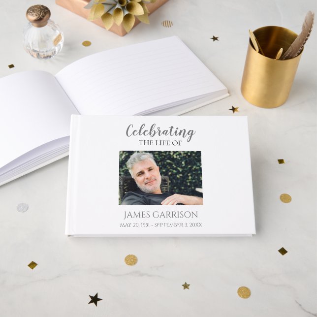 Grey Celebration of Life With Photo Memorial Guest Book (Front Open)