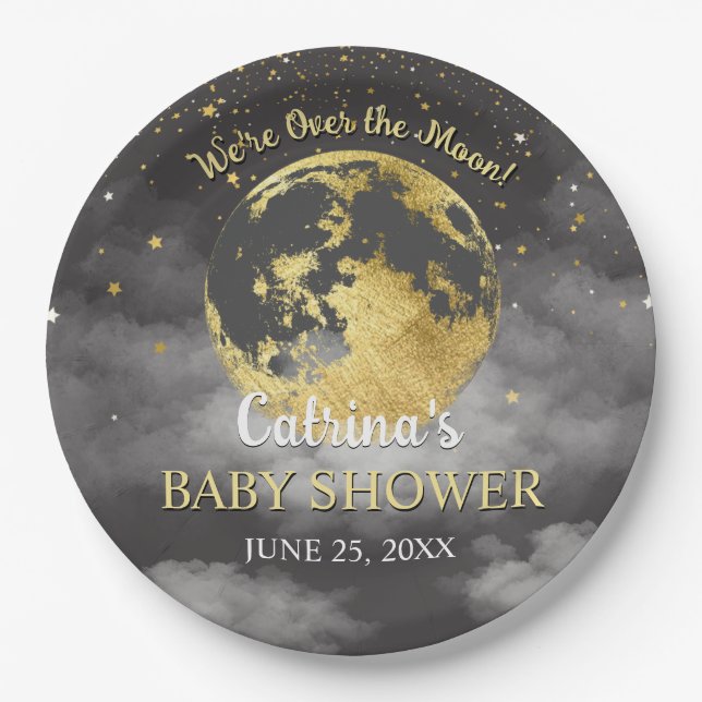Grey Celestial Over the Moon and Stars Baby Shower Paper Plate (Front)