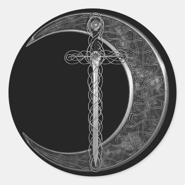 Grey Celtic Sword and Moon Classic Round Sticker (Front)