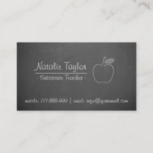 Grey Chalkboard Apple Substitute Teacher Business Card