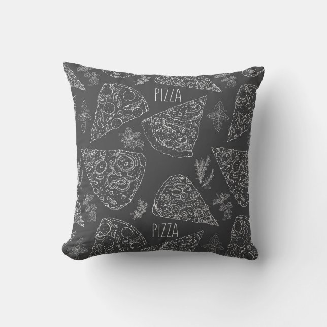 Grey Chalkboard Italian Pizza Slices Herbs Pattern Cushion (Front)