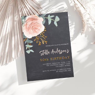 Grey chalkboard ose gold floral luxury birthday invitation