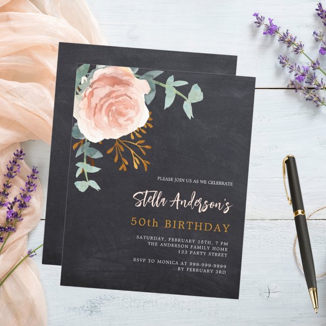 Grey chalkboard rose floral birthday invitation (Creator Uploaded)