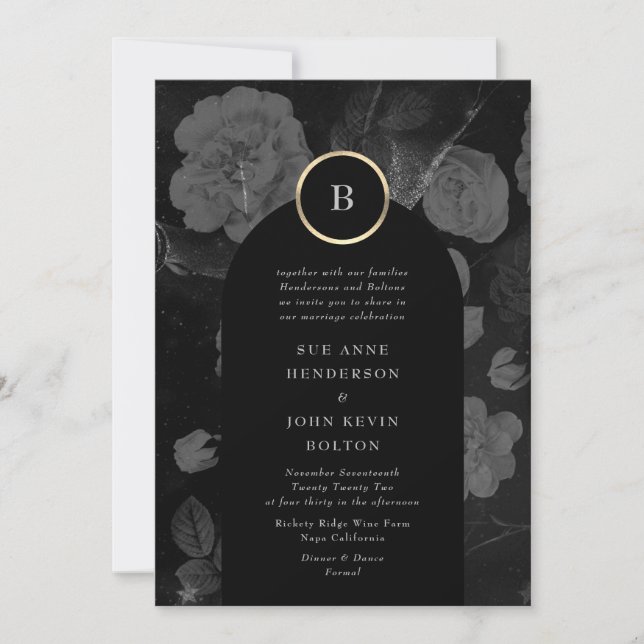 Grey Charcoal Dramatic Floral Arch Gold Wedding Invitation (Front)