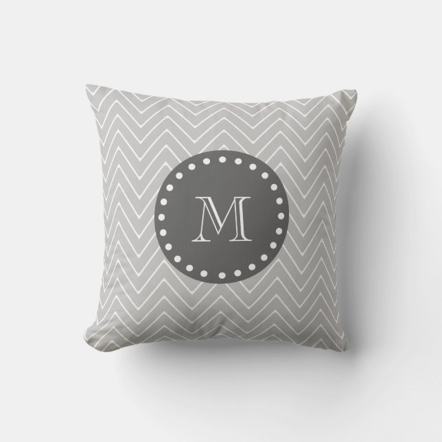 Grey & Charcoal Modern Chevron Custom Monogram Cushion (Front)