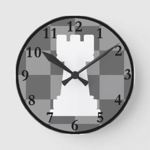 Grey chessboard Rook Round Clock