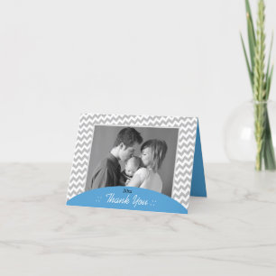 Grey Chevron and Blue Photo Thank You Cards