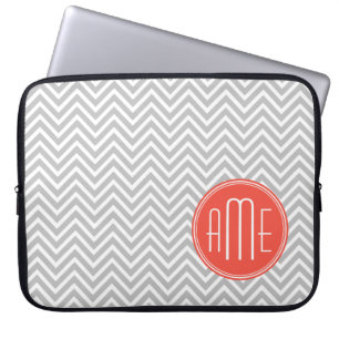Grey Chevron and Coral Custom Monogram Laptop Sleeve