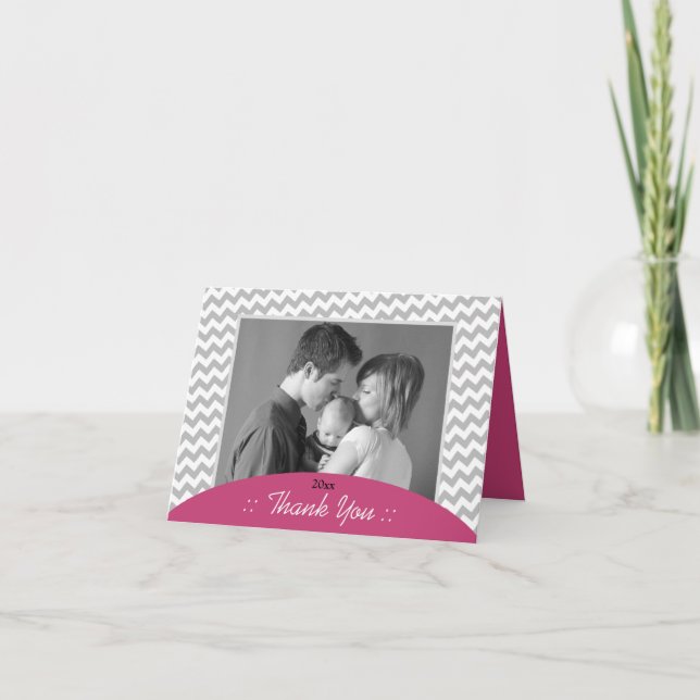 Grey Chevron and Fuchsia Photo Thank You Cards (Front)