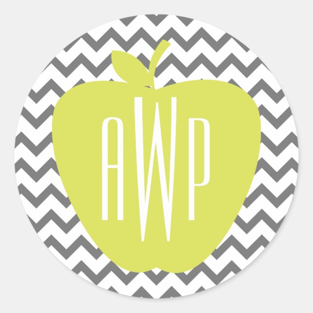 Grey Chevron And Neon Apple Monogram Teacher Classic Round Sticker (Front)