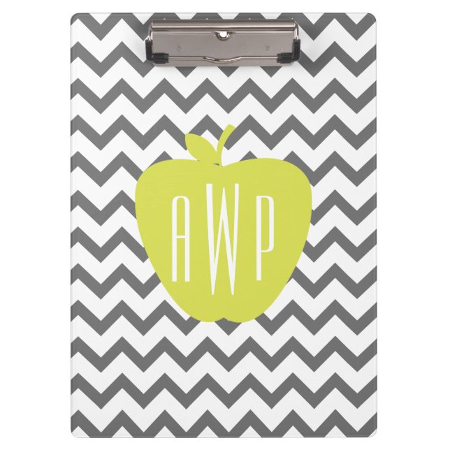 Grey Chevron And Neon Apple Monogram Teacher Clipboard (Front)
