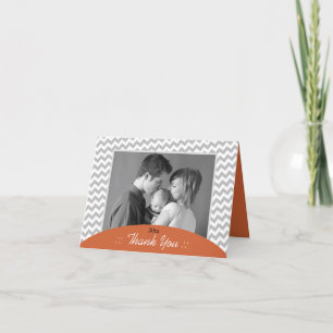 Grey Chevron and Orange Photo Thank You Cards