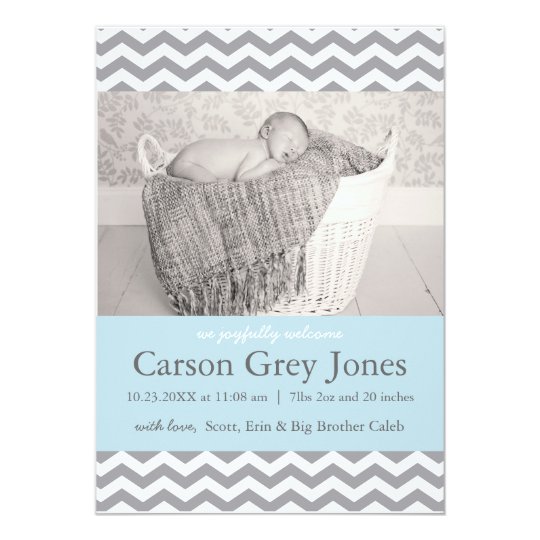 Grey Chevron | Baby Boy Birth Announcement