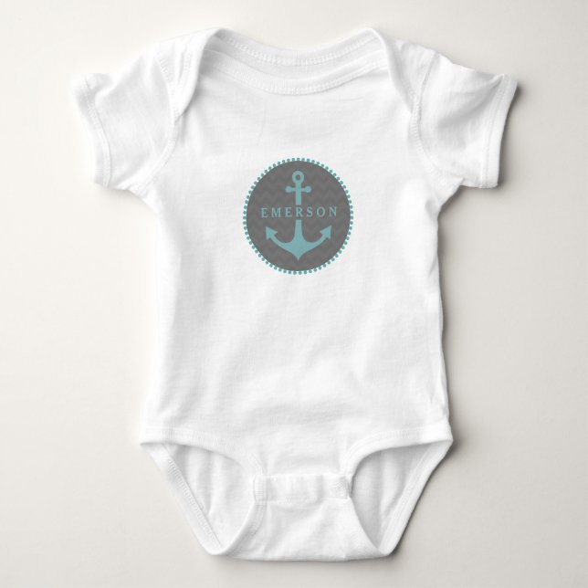 Grey Chevron + Blue Anchor Romper Baby Bodysuit (Front)