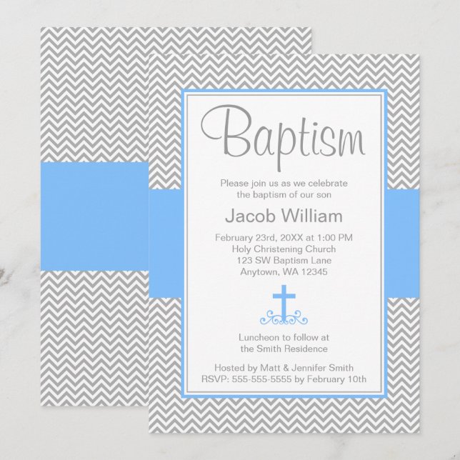Grey Chevron Blue Cross Boy Baptism Christening Invitation (Front/Back)