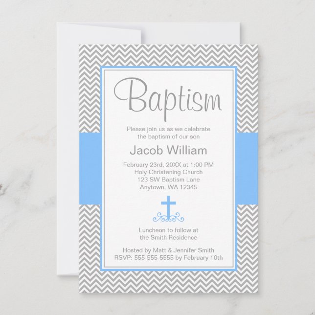 Grey Chevron Blue Cross Boy Baptism Christening Invitation (Front)