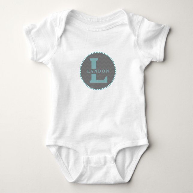 Grey Chevron + Blue Monogram Romper Baby Bodysuit (Front)