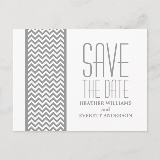 Grey Chevron Border Save the Date Postcard (Front)