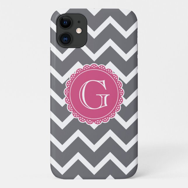 Grey Chevron Floral Pink Monogram Template Case-Mate iPhone Case (Back)