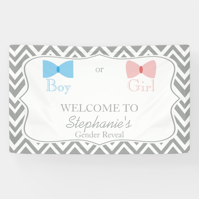 Grey Chevron Gender Reveal Bow and Bow Tie Banner (Horizontal)