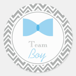 Grey Chevron Gender Reveal Bow Tie Team Boy Classic Round Sticker