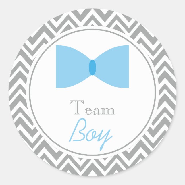 Grey Chevron Gender Reveal Bow Tie Team Boy Classic Round Sticker (Front)