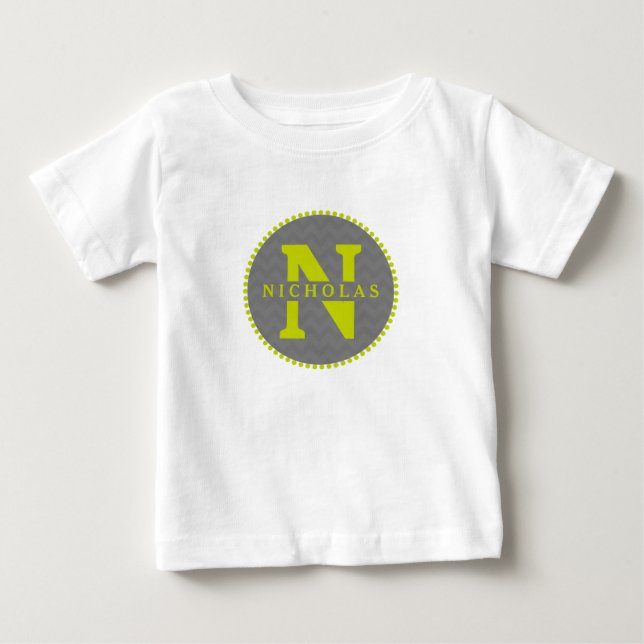 Grey Chevron + Green Monogram Romper Baby T-Shirt (Front)