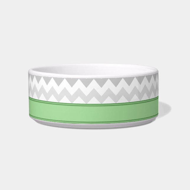 Grey Chevron Green personalised Cat Bowl (Right)