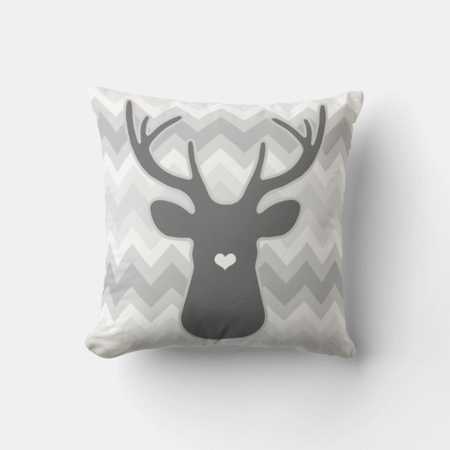 Grey Chevron Heart Nose Deer Cushion (Front)