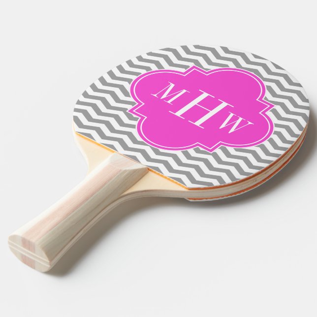 Grey Chevron Hot Pink Quatrefoil 3 Monogram Tn Ping Pong Paddle (Front Angle)