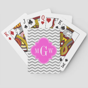 Grey Chevron Hot Pink Quatrefoil 3 Monogram Tn Playing Cards