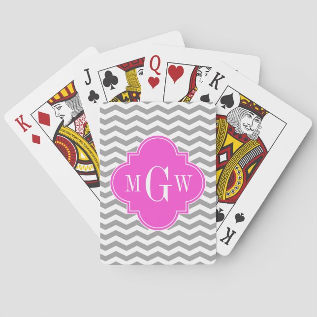 Grey Chevron Hot Pink Quatrefoil 3 Monogram Tn Playing Cards (Back)