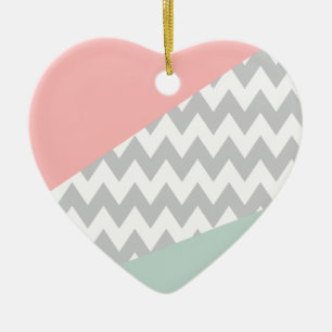 Grey Chevron  Mint and Coral Ceramic Tree Decoration