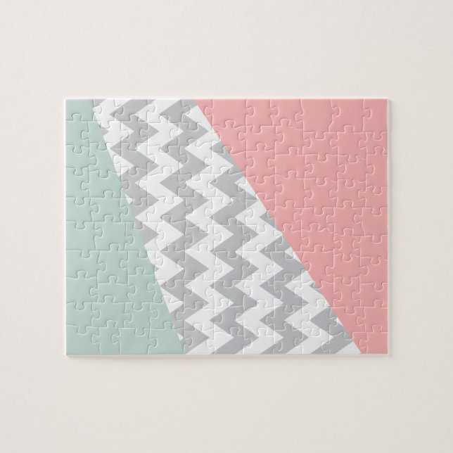 Grey Chevron  Mint and Coral Jigsaw Puzzle (Horizontal)