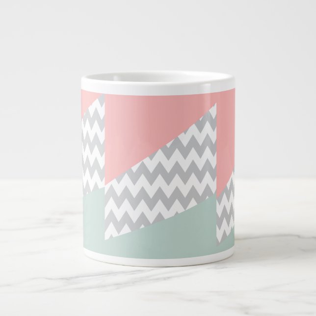 Grey Chevron  Mint and Coral Large Coffee Mug (Front)