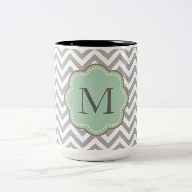 Grey Chevron Monogram Two-Tone Coffee Mug (Center)
