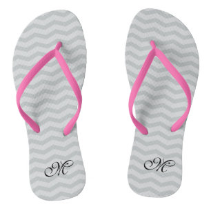Grey chevron monogram wedding party flip flops