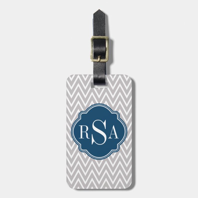 Grey Chevron Navy Monogram Initial Letter Luggage Tag (Front Vertical)