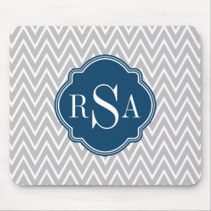 Grey Chevron Navy Monogram Initial Letter Mouse Mat