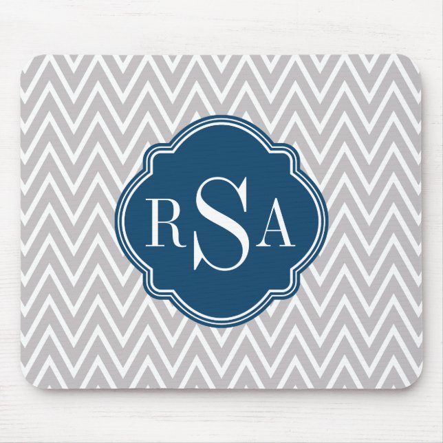 Grey Chevron Navy Monogram Initial Letter Mouse Mat (Front)